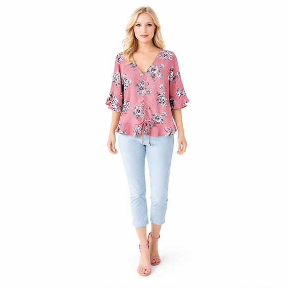 Almost Famous Tops -  ALMOST FAMOUS Women's large  gauzy floral print short Sleeve blouse.
